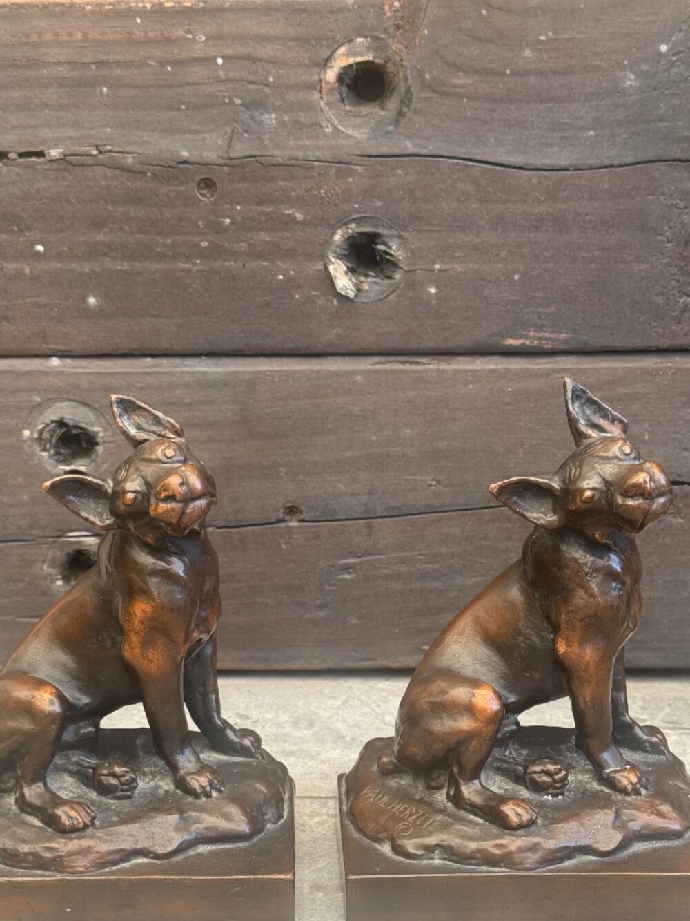 1920's Art Deco Paul Herzel French Bulldog Mickey Bookends Pompeian Bronze Co